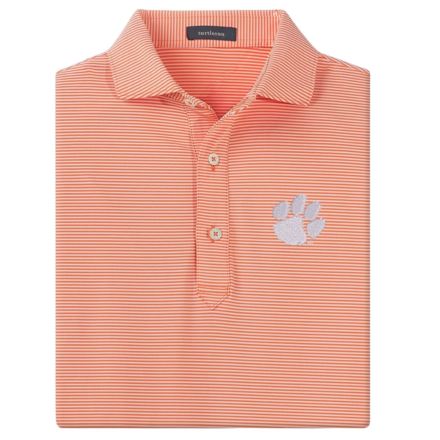 CLEMSON TIGERS TURTLESON ORANGE STRIPED ANDREW POLO