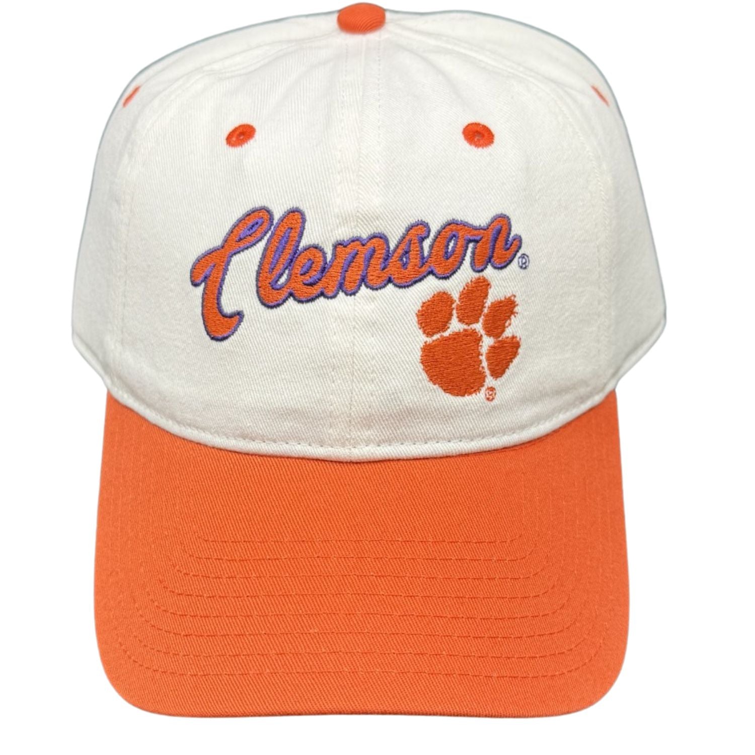 CLEMSON TIGERS WHITE AND ORANGE CURSIVE WITH PAW HAT