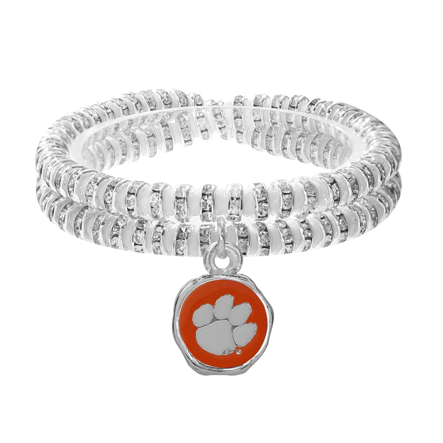 CLEMSON TIGER PAW SILVER TONE DOUBLE CRYSTAL BRACELET