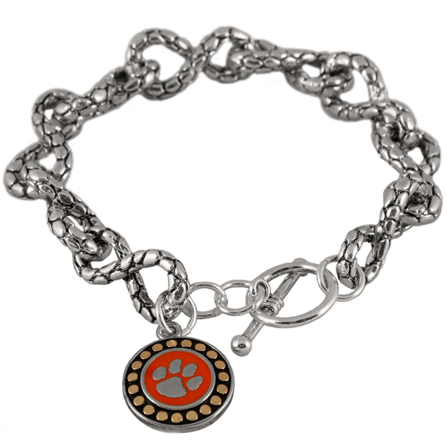 CLEMSON TIGER PAW SILVER TONE TOGGLE CHARM BRACELET