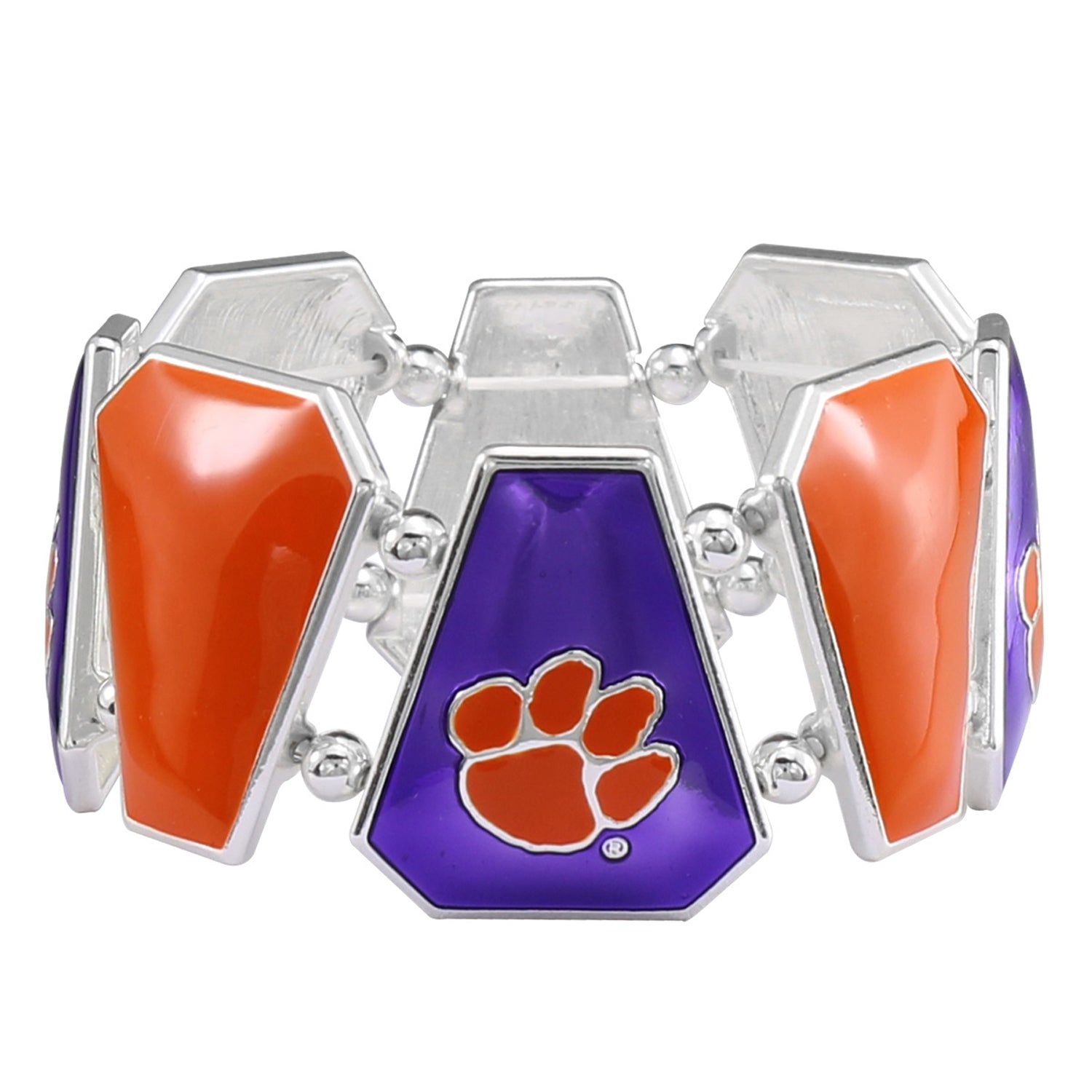 CLEMSON TIGER PAW SILVER TONE ORANGE AND PURPLE STRETCH BRACELET