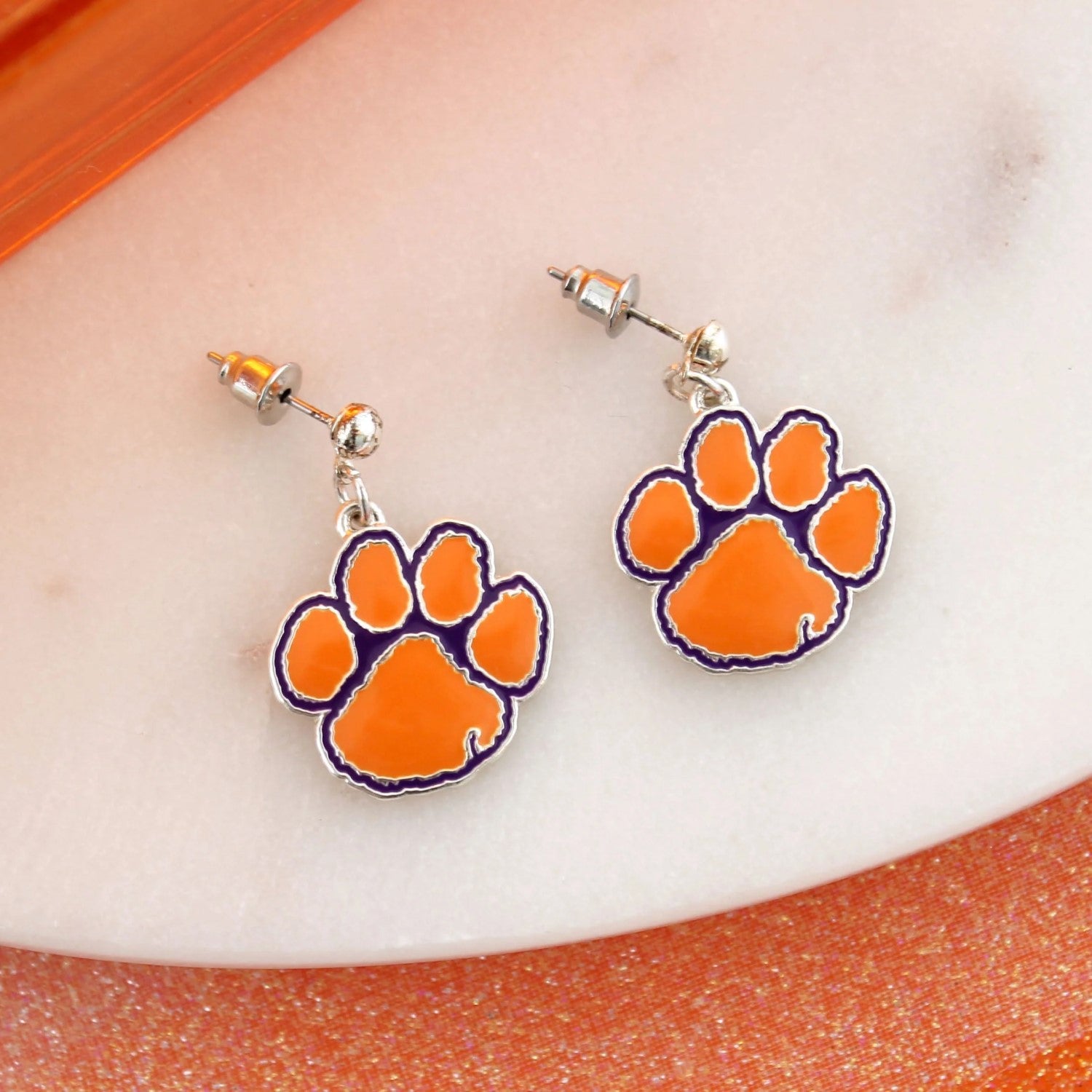 CLEMSON TIGER ENAMEL PAW DANGLE EARRINGS