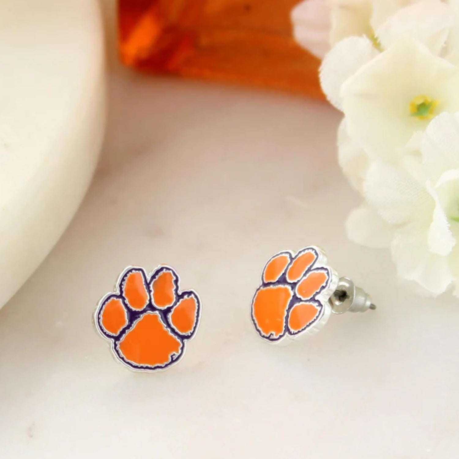 CLEMSON TIGERS ENAMEL PAW STUD EARRINGS