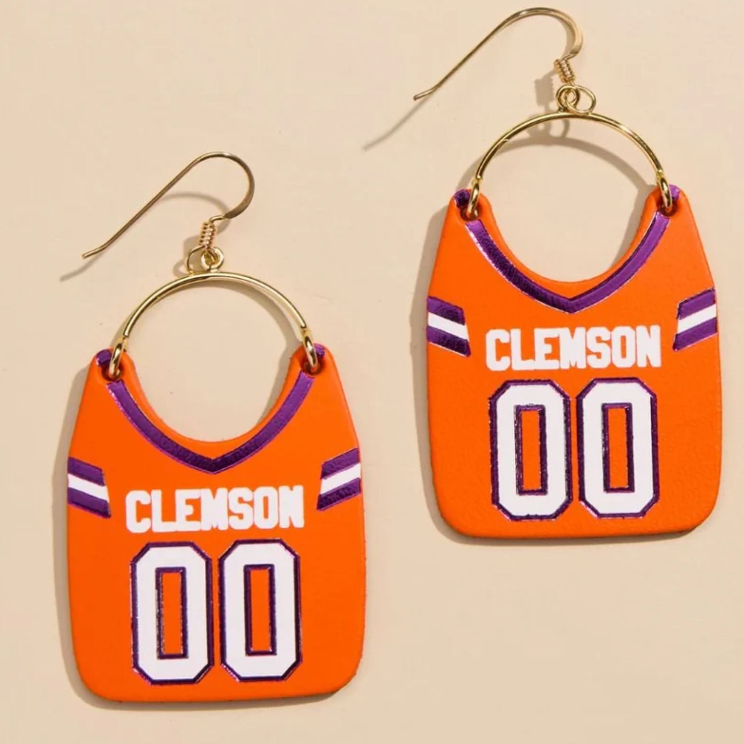 CLEMSON TIGERS GOLD TONE ORANGE FOOTBALL JERSEY EARRINGS