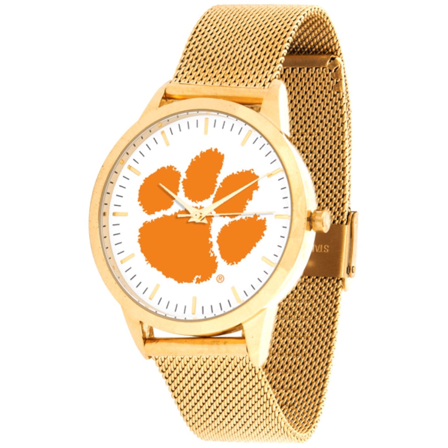 CLEMSON TIGERS LADIES GOLD TONE MESH STATEMENT WATCH