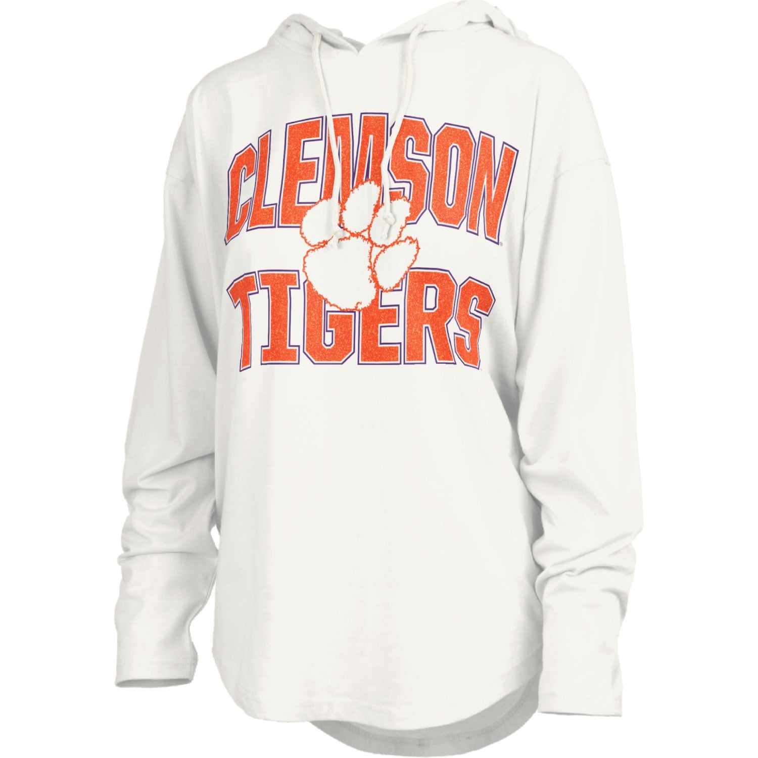 CLEMSON TIGERS WHITE MAX GLITTER LONG SLEEVE HOODED TEE