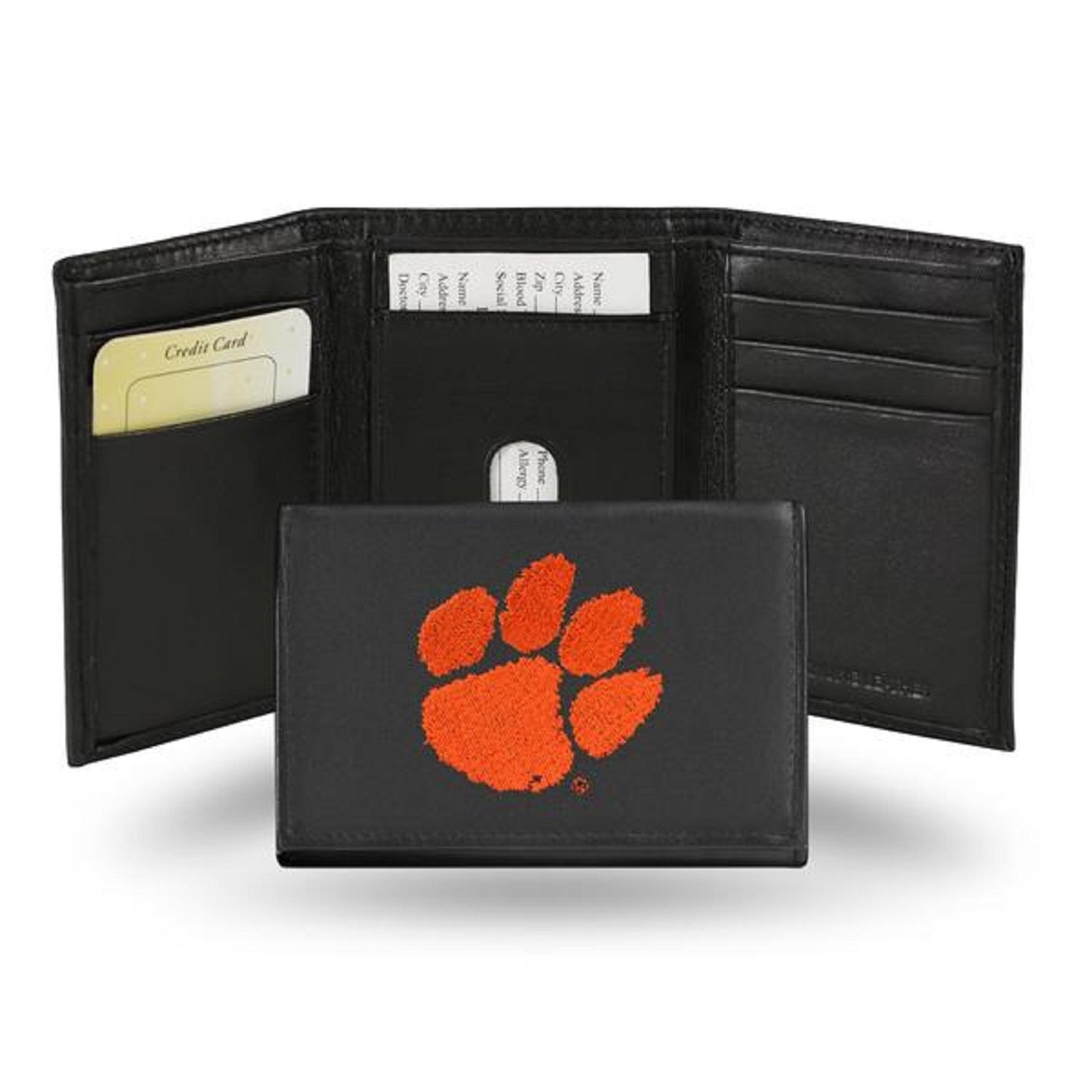 CLEMSON TIGER PAW BLACK EMBROIDERED TRIFOLD WALLET