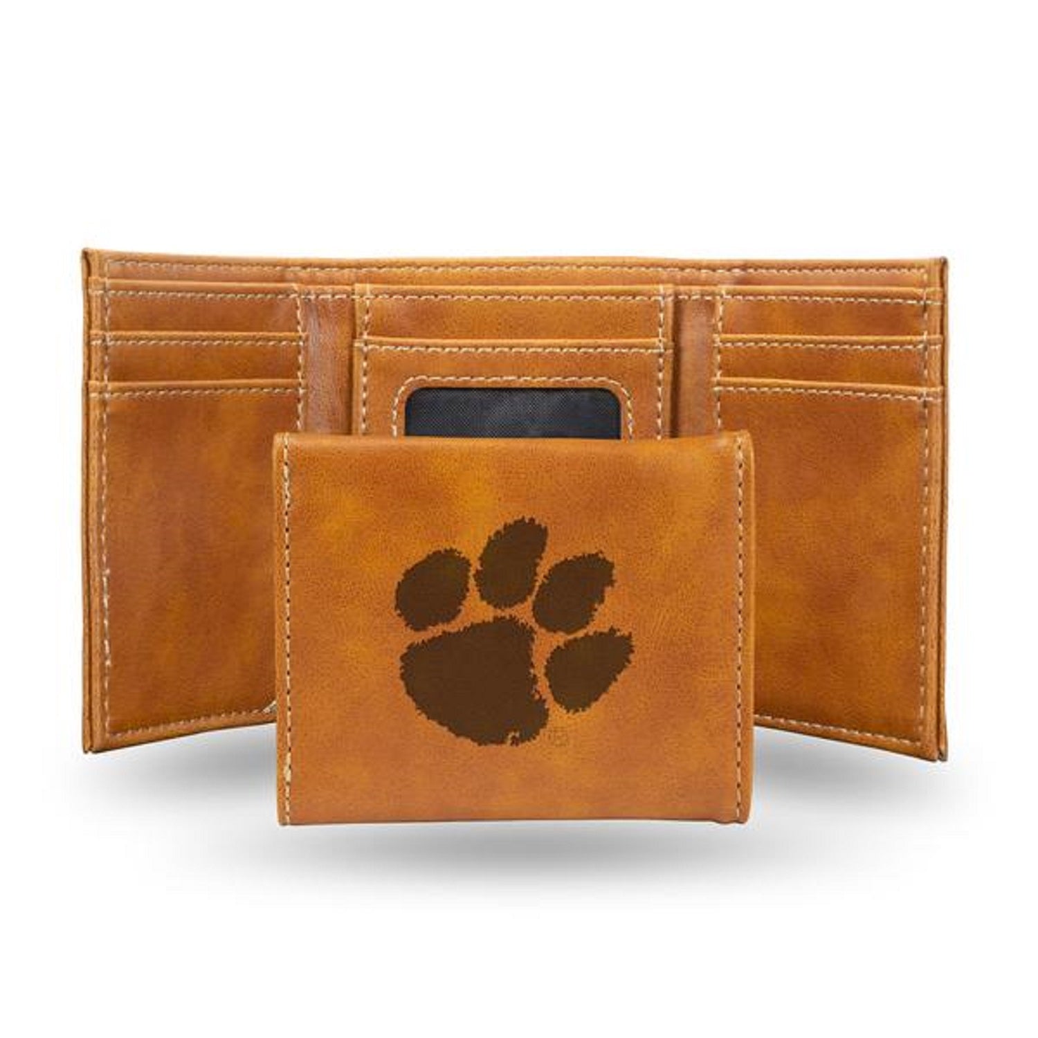 CLEMSON TIGER PAW BROWN LASER ENGRAVED TRIFOLD WALLET